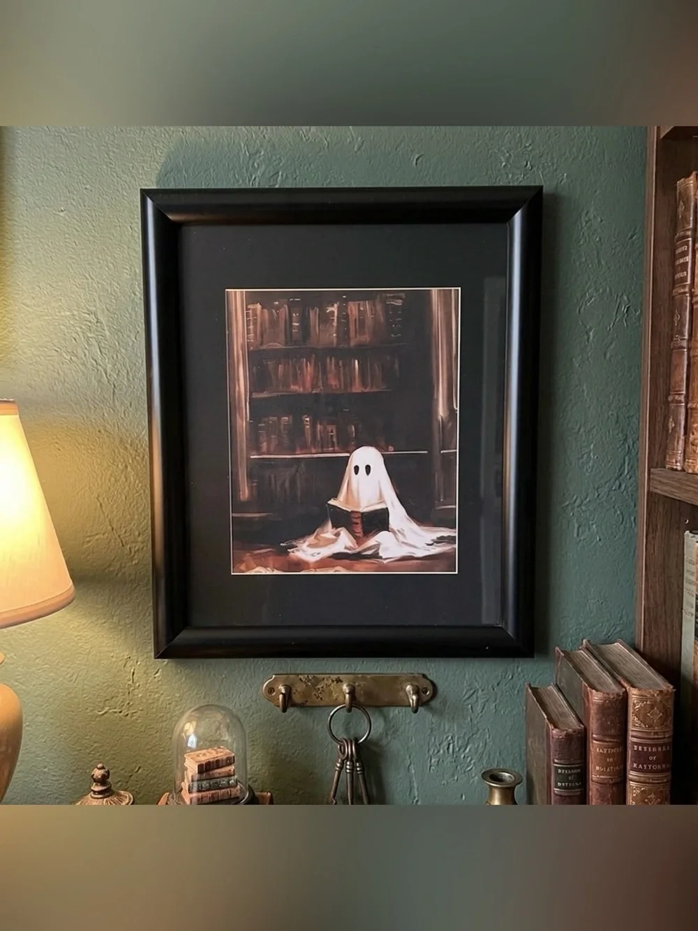 Cute Spooky Ghost Reading a Book in a Library Canvas Print Black Framed Wall Art